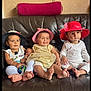 baby, babies, child, children, hat, hats, couch, sofa, leather, sitting, smiling, cute, indoor, people, group, infant, fashion, footwearless, happy, portrait