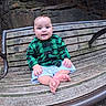 baby, child, infant, sitting, bench, outdoor, park, forest, rocks, plaid_shirt, green_clothing, white_shorts, barefoot, smiling, portrait, face, hands, legs, wooden_bench, nature