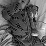 baby, infant, onesie, plush_toy, bed, blanket, sleepwear, lying_down, black_and_white, child, cute, hand, face, expression, soft_toy, indoors, cozy, resting, young, person