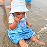 toddler, child, water, beach, sand, bucket_hat, denim_dress, water_splash, barefoot, playing, outdoor, summer, person, legs, toy_bucket, reflection, sitting, casual_clothing, cute, curious