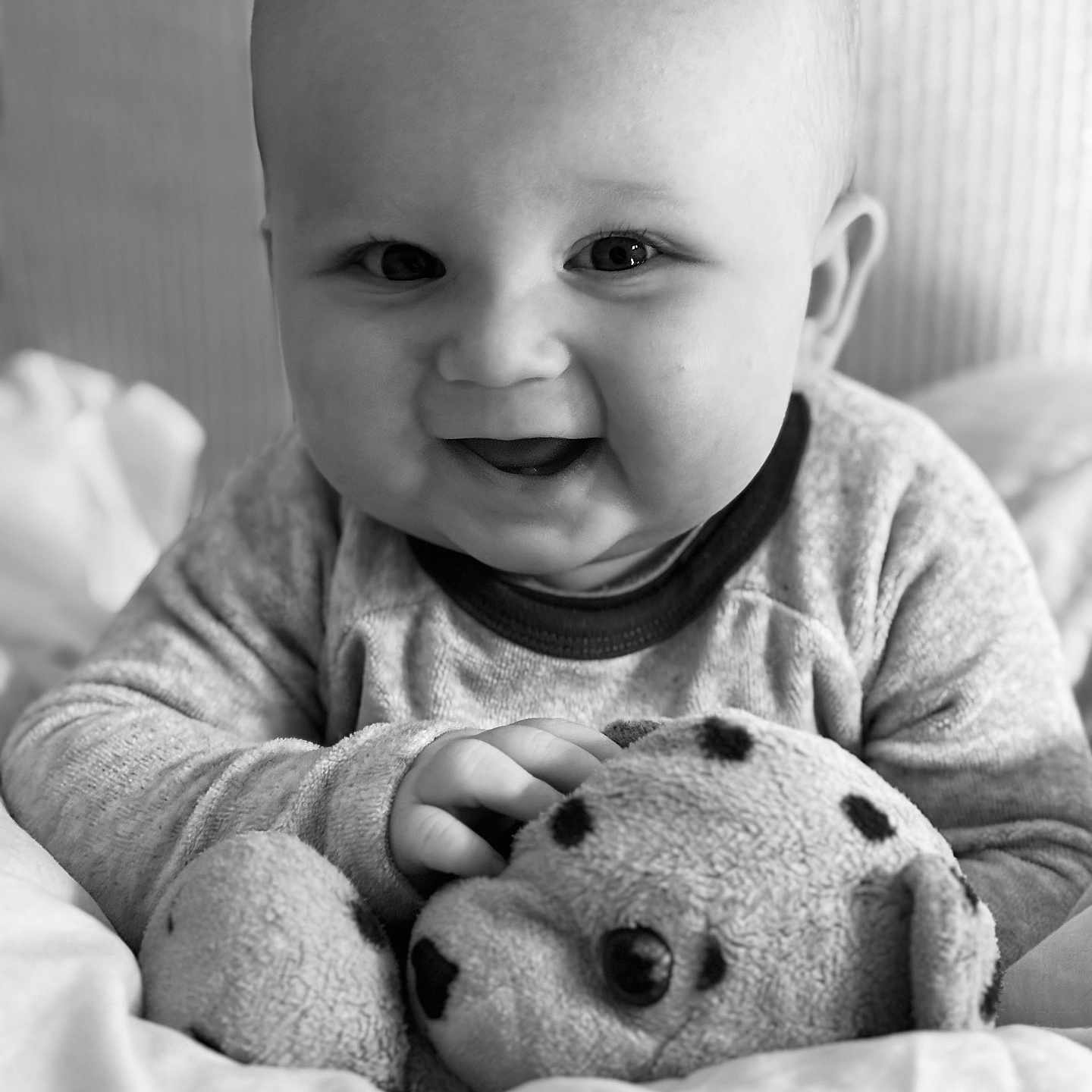 Raphaël participe au concours pour gagner de l'argent avec cette photo : baby, bed, black_and_white, blanket, child, close_up, clothing, cozy, cute, face, hand, happy, indoor, infant, person, plush_toy, portrait, smiling, soft_toy, stuffed_animal