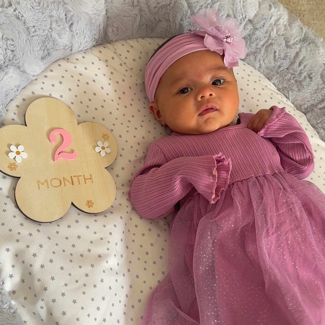 Isabelle Felice joined the competition — help win amazing prizes! baby, blanket, child, cushion, cute, fabric, flower, headband, indoors, infant, lying_down, milestone, newborn, pink_dress, portrait, resting, soft_texture, stars, two_months, wooden_plaque