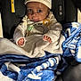 baby, infant, car_seat, blanket, hat, clothing, face, eyes, hands, cute, child, indoor, portrait, expression, comfort, warm, soft, animal_patch, wild, cozy