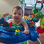 baby, child, infant, playtime, activity_center, toy, colorful, indoor, smiling, happy, face, hand, foot, window, blinds, floor, plastic, furniture, room, person