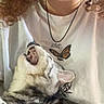 Slim Shady joined the competition — help win amazing prizes! cat, yawning, pet, animal, fur, whiskers, ears, open_mouth, portrait, close_up, person, shirt, butterfly, necklace, curly_hair, indoor, cuddling, gray_cat, white_fur, funny