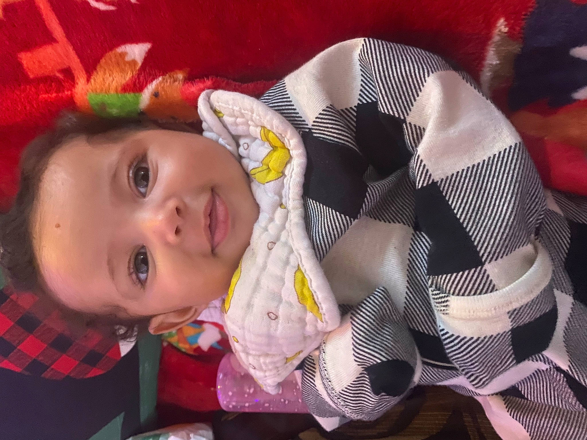 Adelina is registered to the contest to win money with this photo: baby, baby_toddler_clothing, cheek, child, comfort, happy, linens, lip, pattern, person, plaid, room, sitting, skin, smile, tartan, textile, toddler