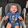 baby, high_chair, blue_clothing, smiling, happy, indoor, living_room, television, furniture, child, seat_belt, arms, legs, carpet, wall_art, wood_floor, person, portrait, cute, toddler