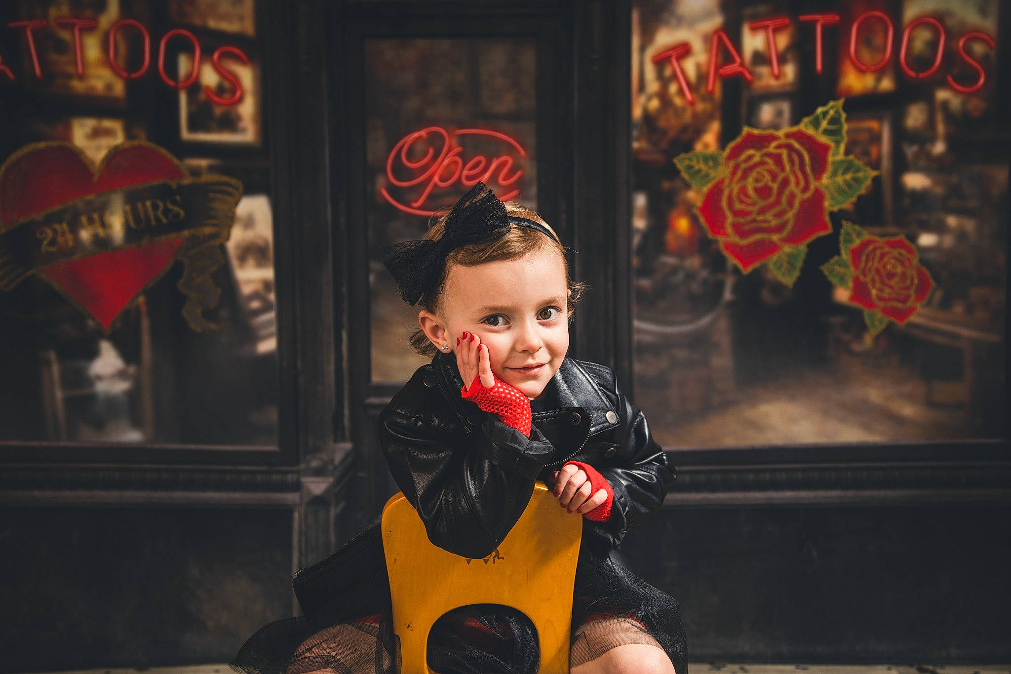 Henslee is registered to the contest to win money with this photo: chair, darkness, drink, event, flash_photography, fun, glove, happy, jacket, logo, night, person, personal_protective_equipment, sitting, smile, street, toddler