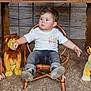 Lucca is registered to the contest to win money with this photo: toddler, child, wicker_chair, plush_toys, lion_king, stuffed_animals, carpet, jeans, white_tshirt, indoor, furniture, cute, sitting, curious, brown_hair, casual_clothing, toy_collection, home_interior, person, young_child