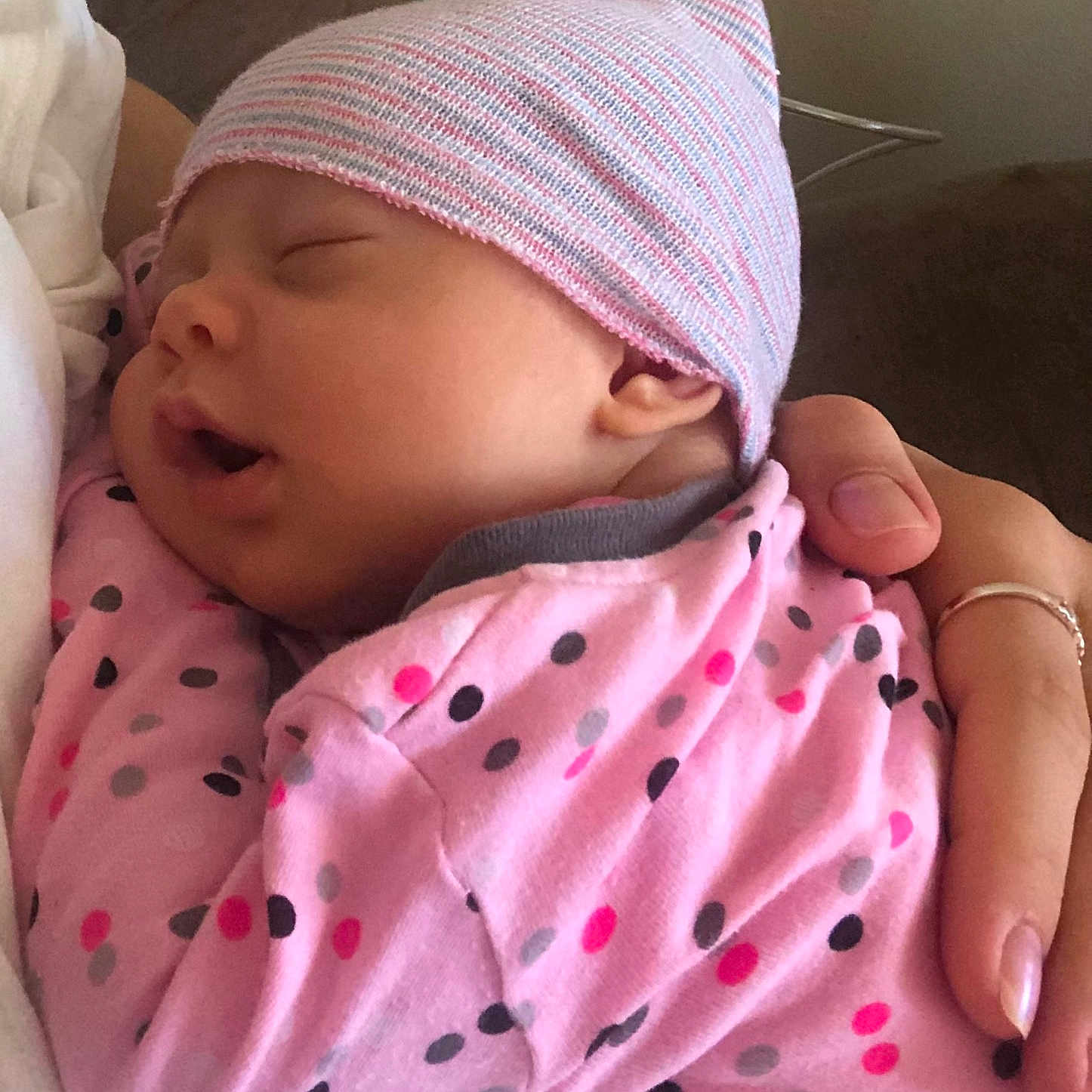 Nitsa joined the competition — help win amazing prizes! arm, baby, child, closeup, couch, cozy, cute, face, hand, hat, indoor, infant, newborn, person, pink_clothing, polka_dot, portrait, rest, sleeping, soft