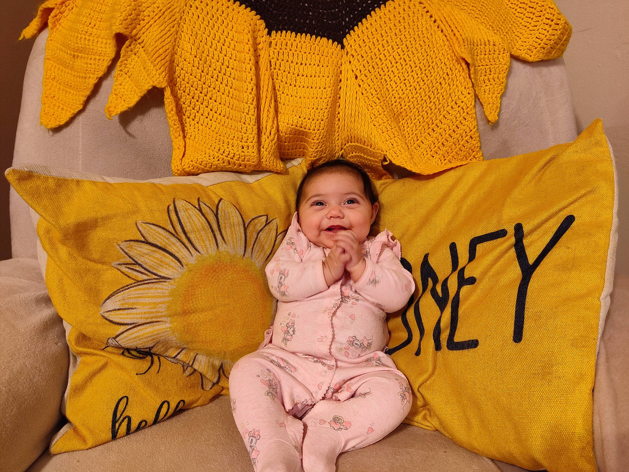 Aurora joined the competition — help win amazing prizes! baby, baby_toddler_clothing, bedding, comfort, couch, font, fun, furniture, happy, joy, linens, orange, person, pillow, product, room, smile, t_shirt, textile, throw_pillow