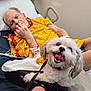 Charlie joined the competition — help win amazing prizes! bed, care, companion, dog, elderly_man, happy_dog, hospital, hospital_bed, hospital_room, human, indoor, leash, medical, oxygen_tube, patient, pet, resting, smiling_dog, white_dog, yellow_gown