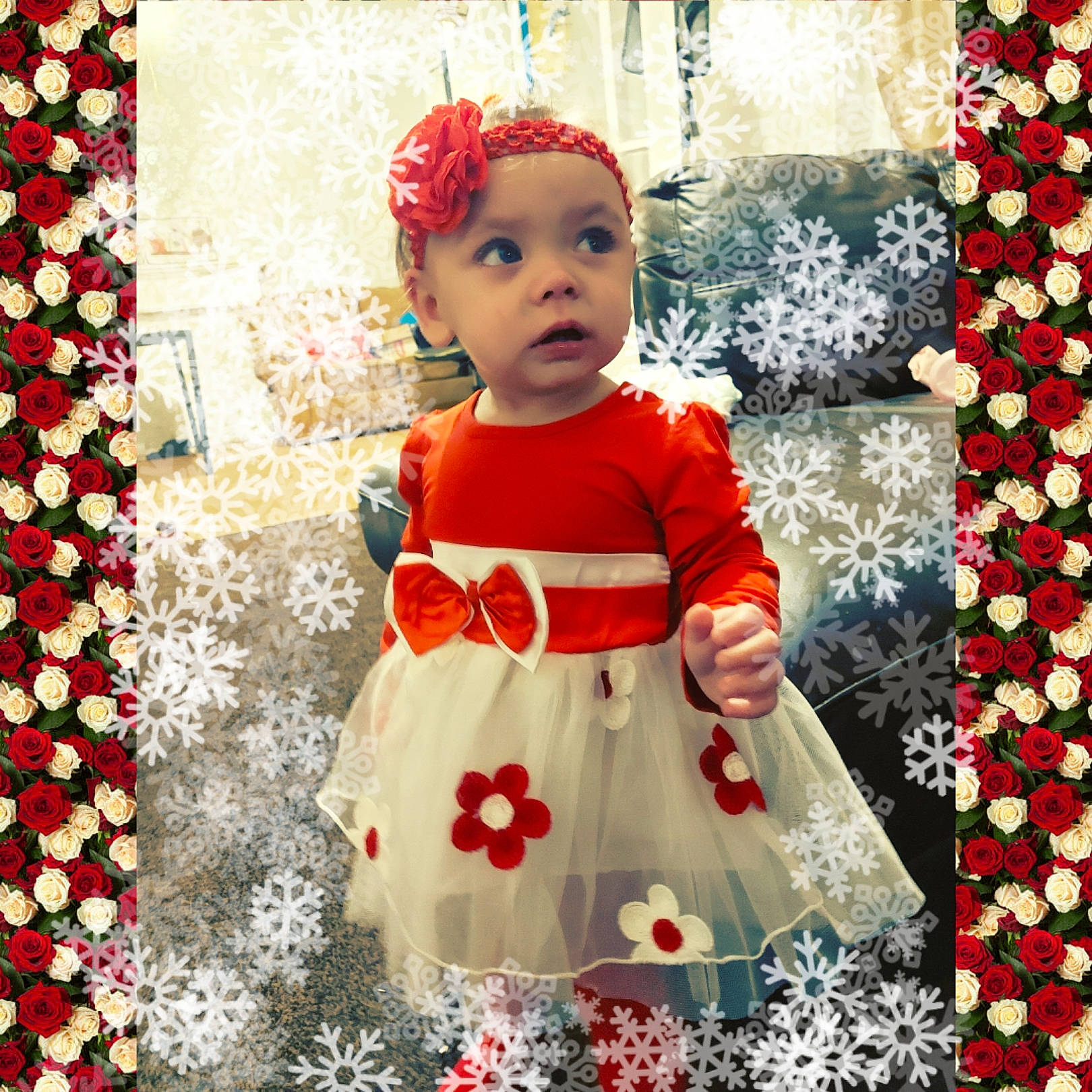 Mia joined the competition — help win amazing prizes! baby, baby_toddler_clothing, coquelicot, costume, creative_arts, day_dress, dress, embellishment, floral_design, hair_accessory, headpiece, headwear, mouth, one_piece_garment, pattern, peach, person, petal, red, textile