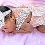 baby, infant, newborn, lace, headband, pink, blanket, soft, cute, sleeping, skin, foot, hand, person, child, portrait, laying, cozy, clothing, fabric