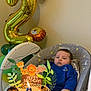 Liam is registered to the contest to win money with this photo: baby, birthday, cake, candle, number_2, balloon, lion, giraffe, elephant, tiger, blue_sweater, baby_chair, celebration, party, decorations, animal_figures, happy_birthday_sign, indoor, child, person