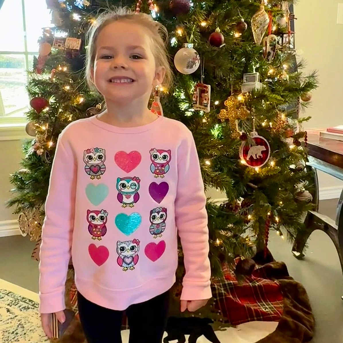Journey is registered to the contest to win money with this photo: child, christmas, christmasdecorations, christmastree, clothing, face, female, festival, girl, hair, happy, head, hosiery, knitwear, person, sleeve, smile, sock, standing, sweater