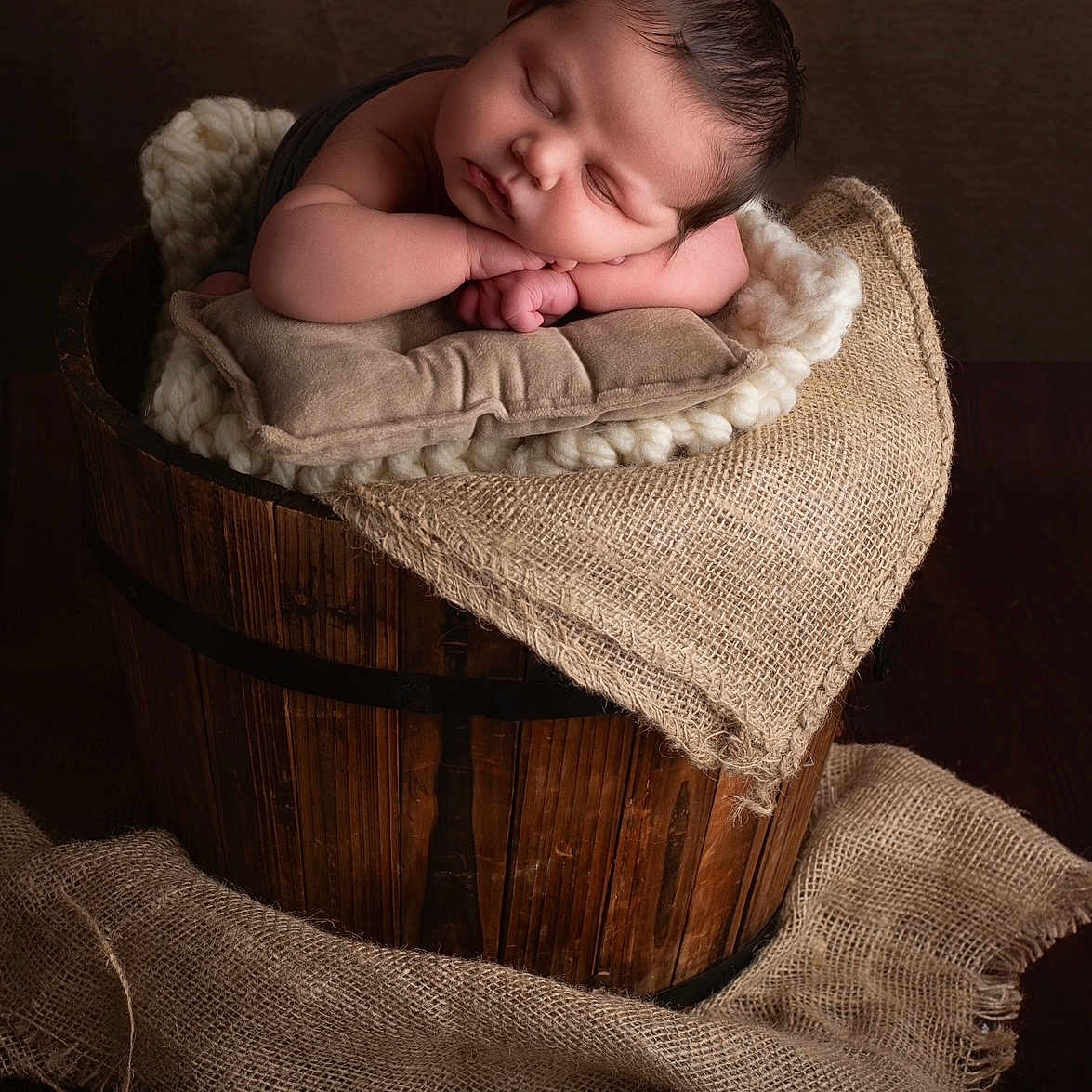 Dhilan joined the competition — help win amazing prizes! baby, burlap, child, cozy, cute, head, indoors, infant, knitted_blanket, newborn, peaceful, pillow, portrait, resting, skin, sleeping, soft_texture, warm_lighting, wooden_bucket, wrapped