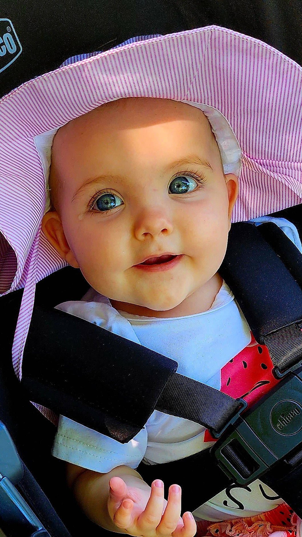 Madison is registered to the contest to win money with this photo: accessories, baby, baseballcap, blade, bodypart, bonnet, cap, clothing, dagger, face, finger, hand, hat, head, knife, person, photography, portrait, sunhat, weapon