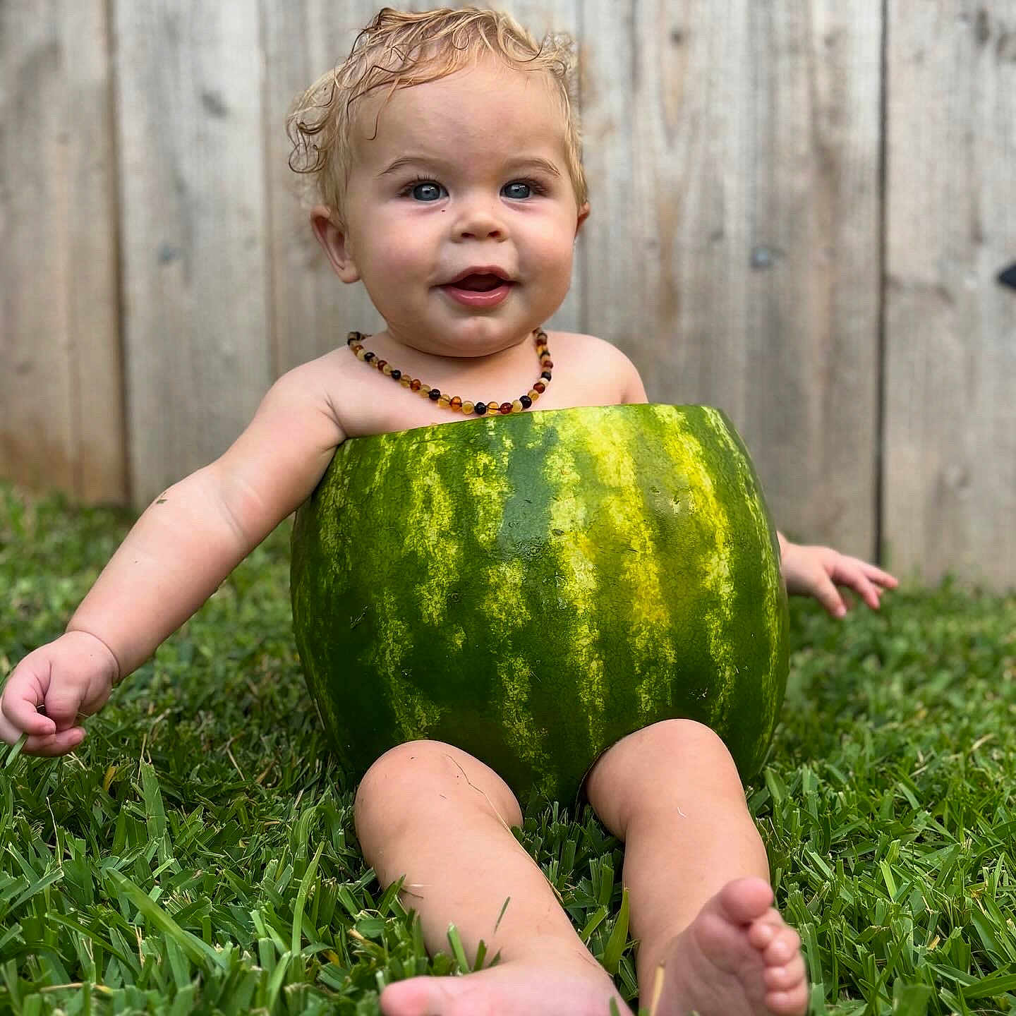 Oliver is registered to the contest to win money with this photo: baby, child, watermelon, grass, outdoor, summer, cute, smile, curly_hair, necklace, fence, fruit, green, nature, happy, sitting, playful, skin, barefoot, portrait