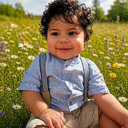 Angel is registered to the contest to win money with this photo: toddler, child, curly_hair, smiling, outdoor, flower_field, grass, blue_sky, clouds, summer, casual_clothing, suspenders, shorts, nature, daylight, happy, portrait, cute, sitting, playful