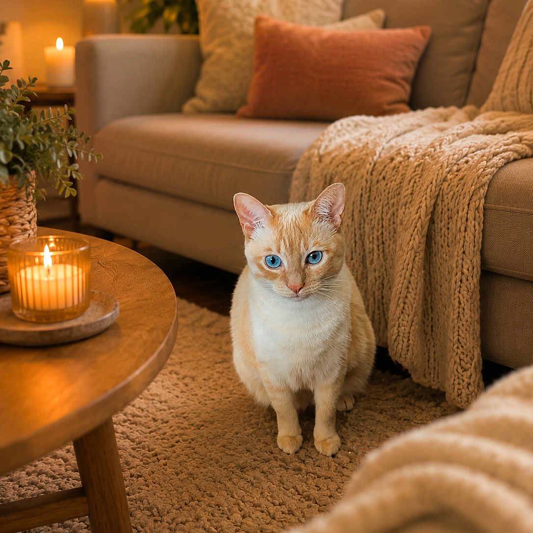 Gloria Paez is registered to the contest to win money with this photo: cat, blue_eyes, cream_colored_cat, rug, candle, wooden_coffee_table, knitted_blanket, pillows, beige_couch, living_room, indoor, warm_lighting, cozy, plant, decor, carpet, window, furniture, pet, home_interior