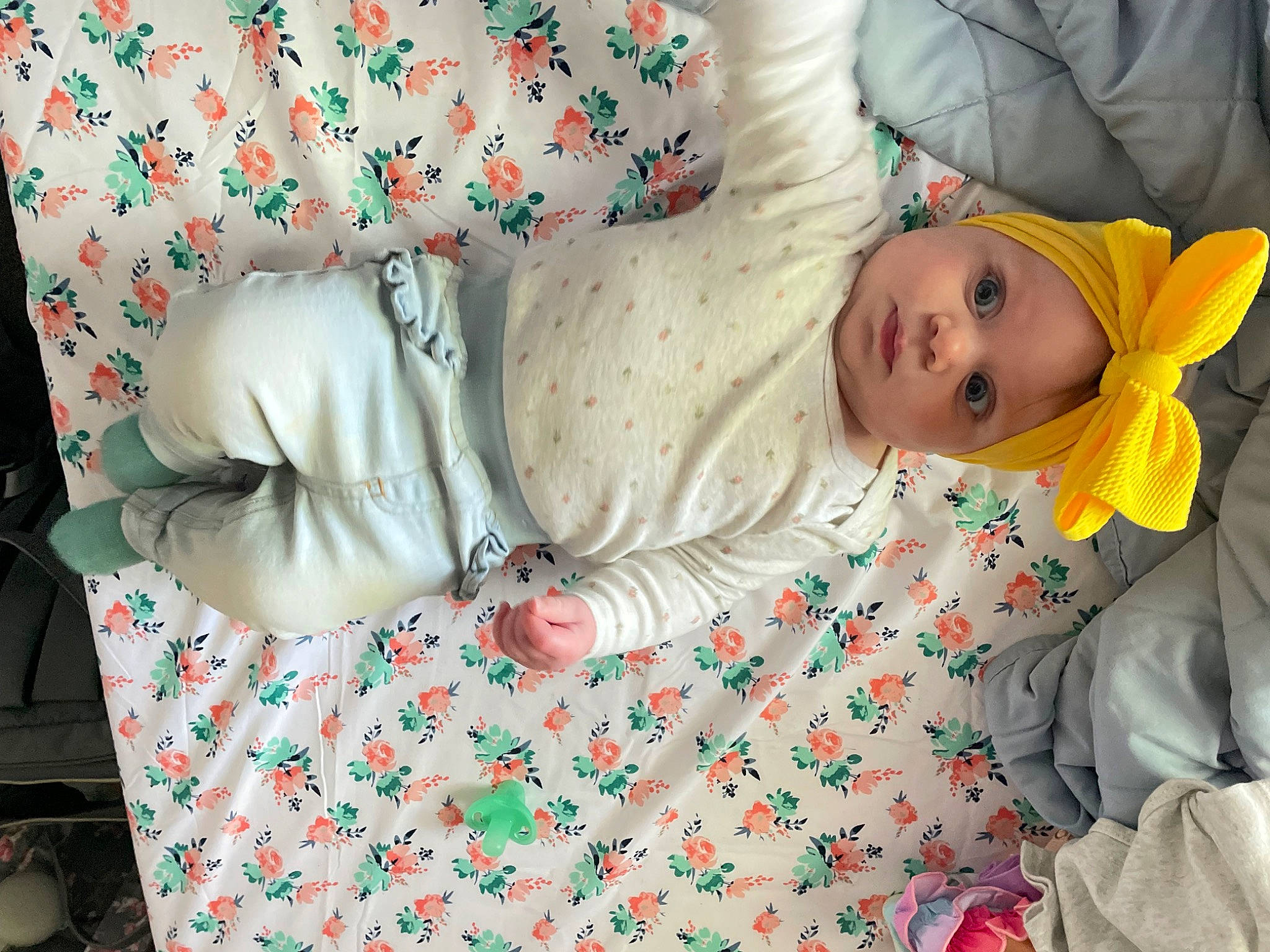 Everleigh is registered to the contest to win money with this photo: baby, baby_products, baby_safety, baby_sleeping, baby_toddler_clothing, bed_sheet, bedding, bedtime, child, comfort, green, headwear, linens, pattern, person, room, sitting, sleep, sleeve, textile