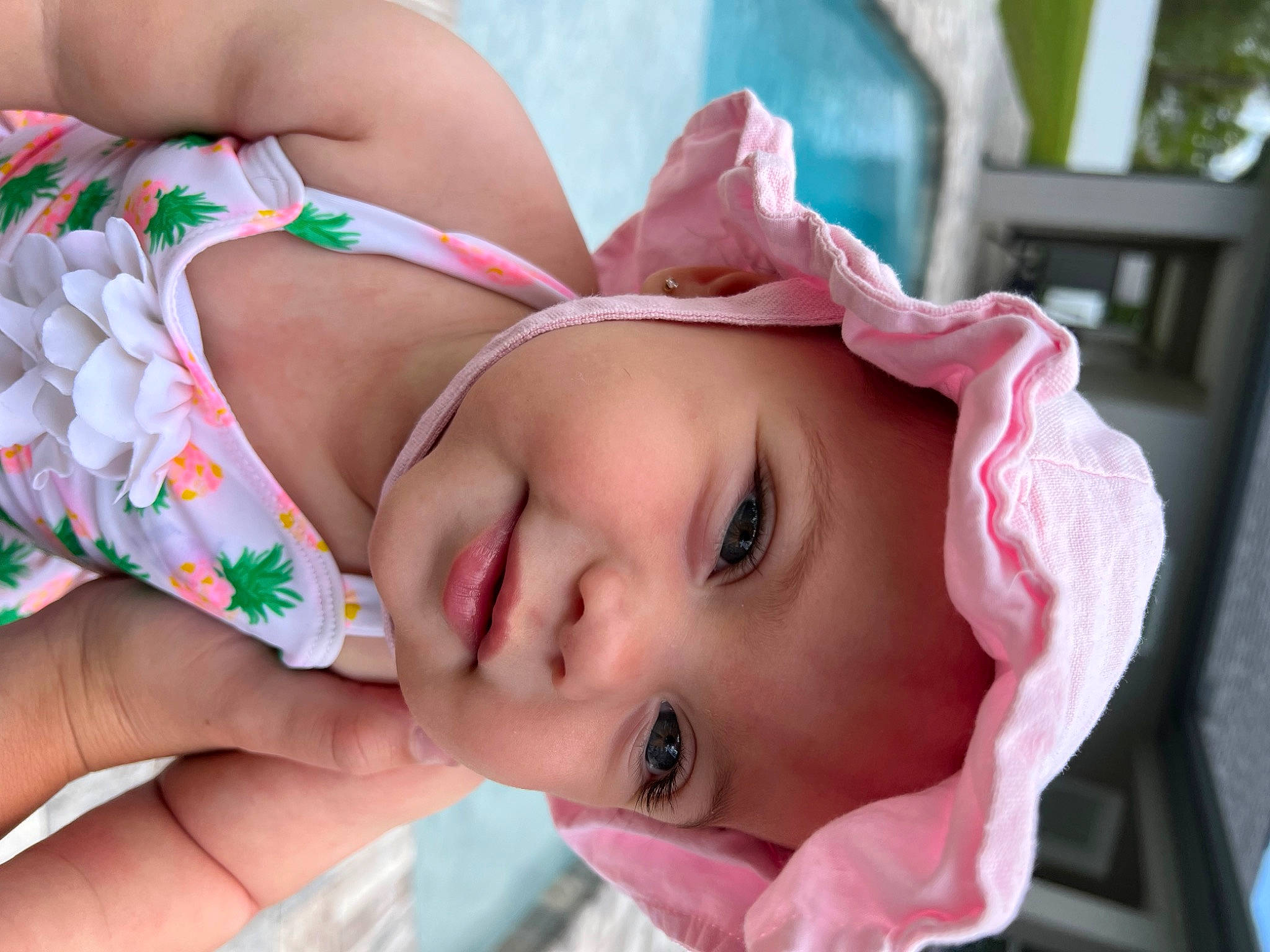Julianna joined the competition — help win amazing prizes! baby, baby_toddler_clothing, beauty, child, close_up, eyebrow, eyelash, fashion_accessory, finger, grass, happy, hat, headgear, headwear, joy, lip, mouth, nose, person, pink