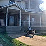 cat, leash, house, porch, steps, grass, sidewalk, sunlight, shadow, outdoor, daytime, window, door, chair, plant_pot, brick_wall, railing, tree_branch, sky, curious_cat