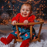 Ava participe au concours pour gagner de l'argent avec cette photo : baby, child, smiling, chair, red_clothing, blue_skirt, holiday_theme, winter, snow, fake_snow, lights, lantern, trees, festive, happy, indoor, portrait, cute, seasonal, cozy