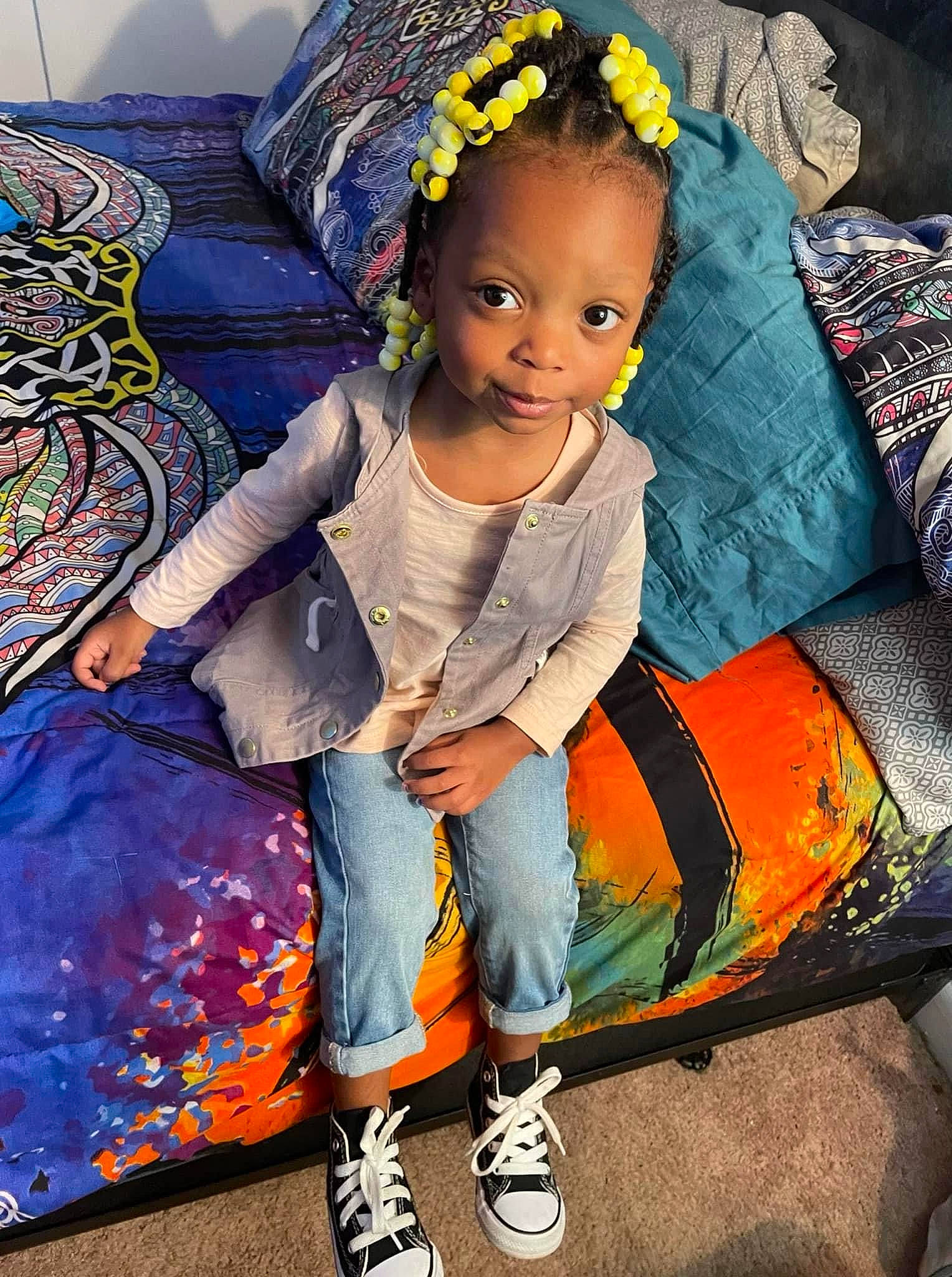 Nalayah is registered to the contest to win money with this photo: baby_toddler_clothing, child, cool, electric_blue, event, eye, facial_expression, fashion_accessory, fun, hairstyle, happy, human_body, iris, leisure, organ, pattern, person, shoe, sitting, toddler