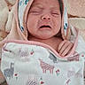 Maleia is registered to the contest to win money with this photo: baby, infant, blanket, crying, wrapped, cute, newborn, face, expression, soft, animal_print, pink, white, hand, skin, indoors, towel, comfort, person, portrait