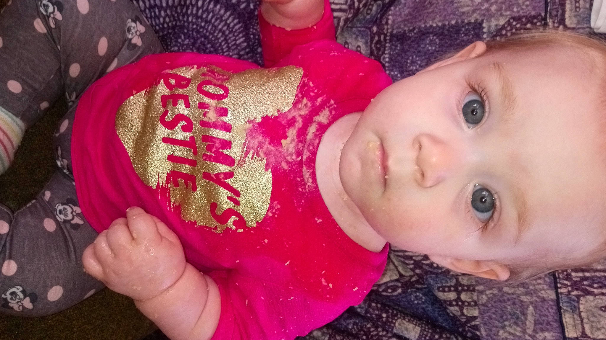 Rylie is registered to the contest to win money with this photo: baby, baby_toddler_clothing, beauty, cheek, child, eyelash, happy, lip, magenta, nail, nose, pattern, person, pink, plant, red, skin, toddler