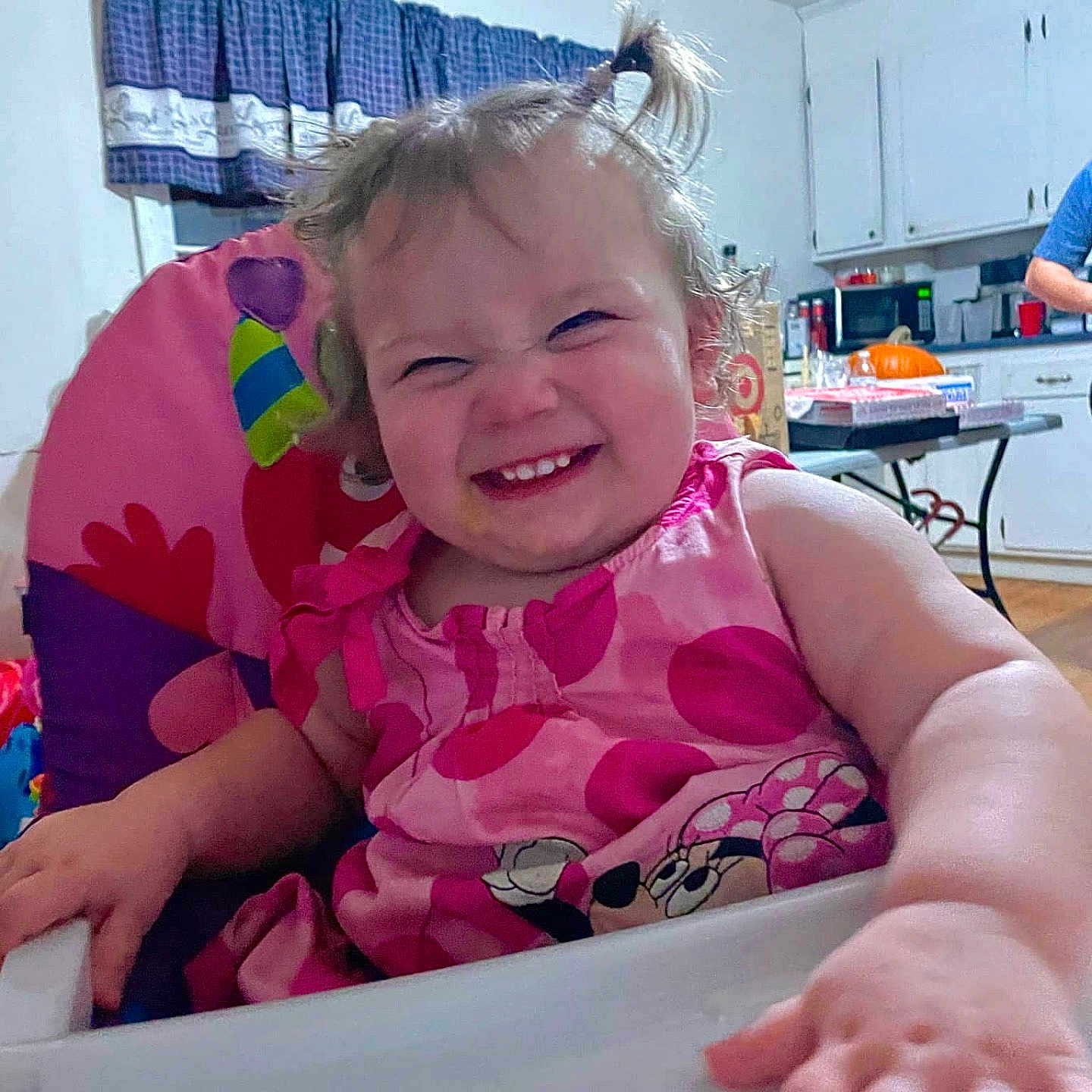 Scarlett is registered to the contest to win money with this photo: appliance, baby, babylaughing, chair, cup, device, electricaldevice, face, furniture, happy, head, microwave, oven, person, photography, plant, portrait, pottedplant, smile, table