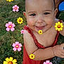toddler, child, smiling, wet_hair, red_outfit, grass, outdoor, barefoot, happy, playful, flower_emojis, cute, portrait, summer, nature, skin, baby, person, fun, joyful