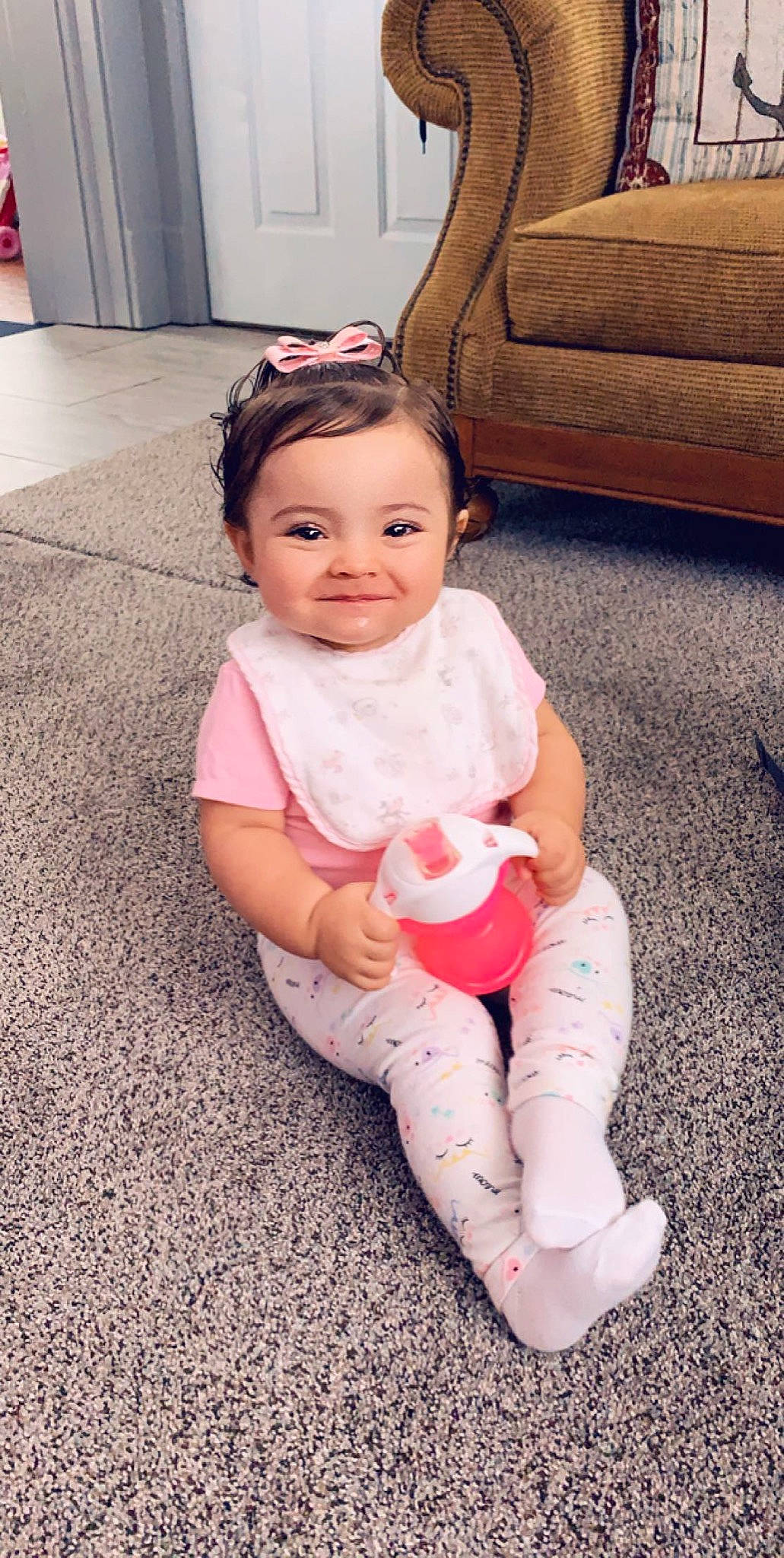 Kinlee joined the competition — help win amazing prizes! baby, baby_toddler_clothing, beauty, cheek, child, daughter, footwear, joy, leg, person, pink, play, shoe, sitting, skin, smile, toddler