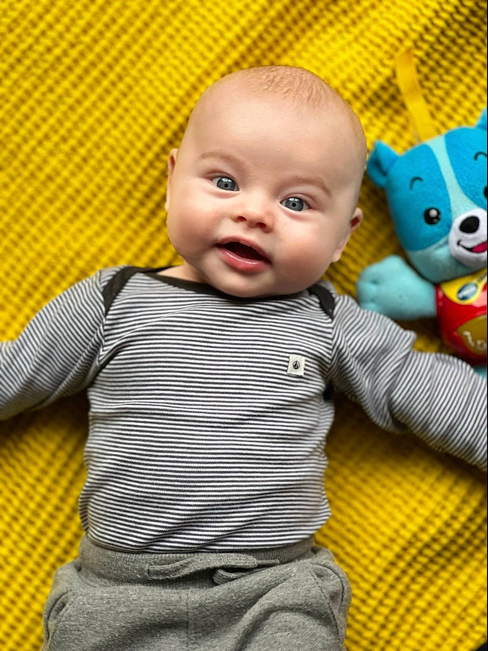 Aurélien participe au concours pour gagner de l'argent avec cette photo : baby, baby_toddler_clothing, cheek, child, chin, comfort, eye, fun, happy, mammal, nose, person, photograph, skin, sleeve, smile, t_shirt, textile, toddler, toy