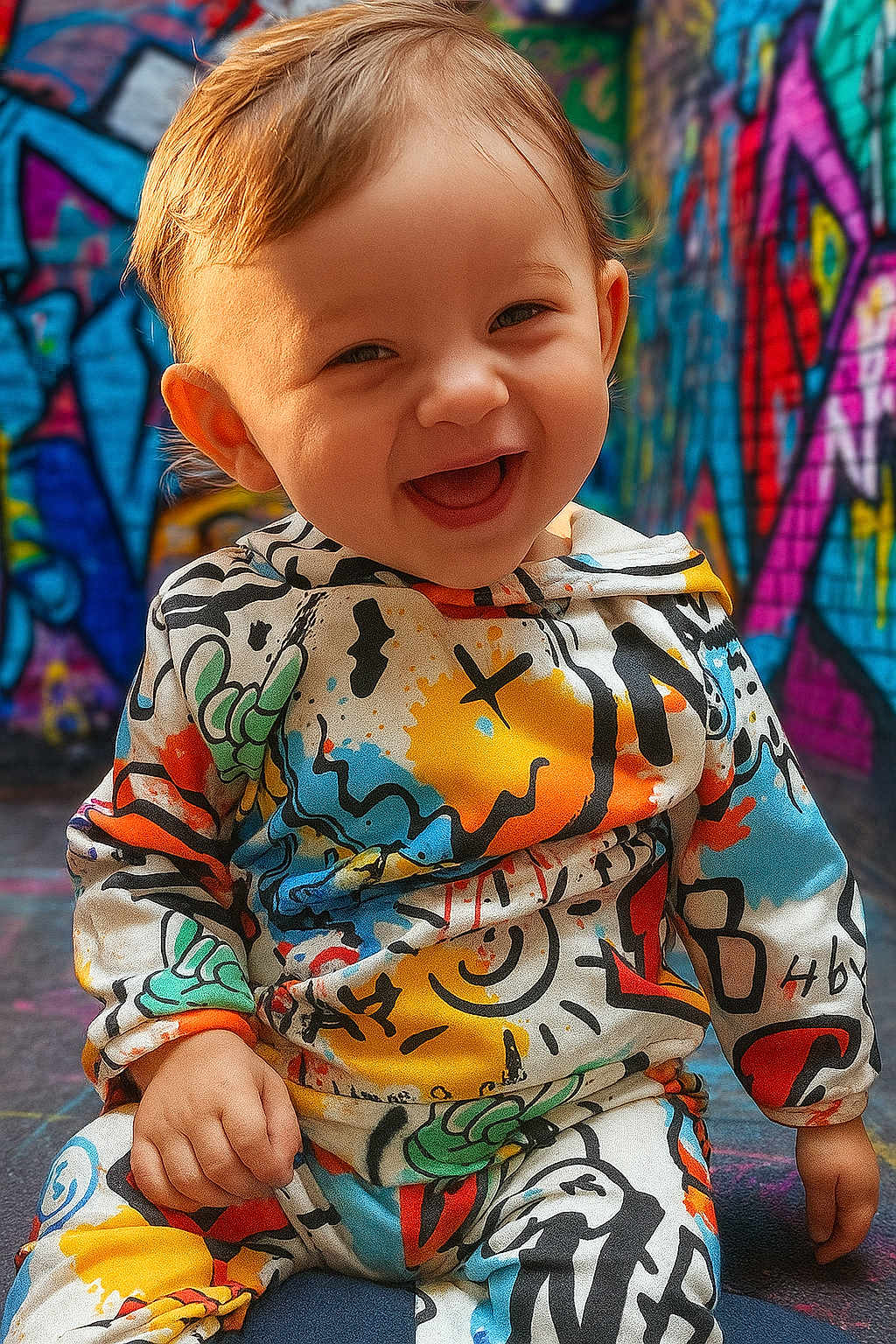 Lyam a rejoint le concours — aidez-le/la à gagner de superbes lots ! baby, child, smiling, colorful_clothing, graffiti, urban, mural, happy, face, portrait, sitting, hoodie, playful, cute, street_art, vibrant, young_child, casual, background, expression