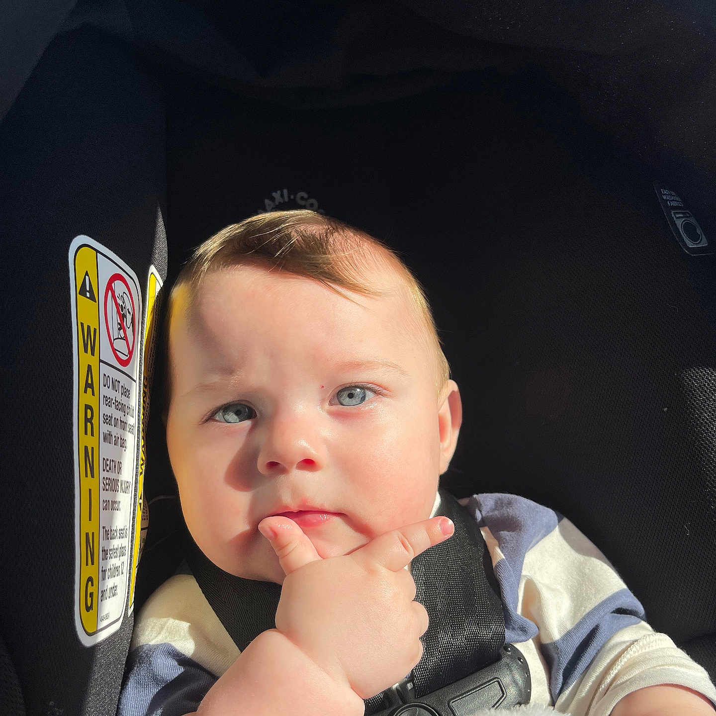 Azran joined the competition — help win amazing prizes! baby, blanket, blue_eyes, car_seat, child, closeup, clothing, cute, expression, face, hand, indoors, infant, person, portrait, safety, seatbelt, straps, sunlight, thinking
