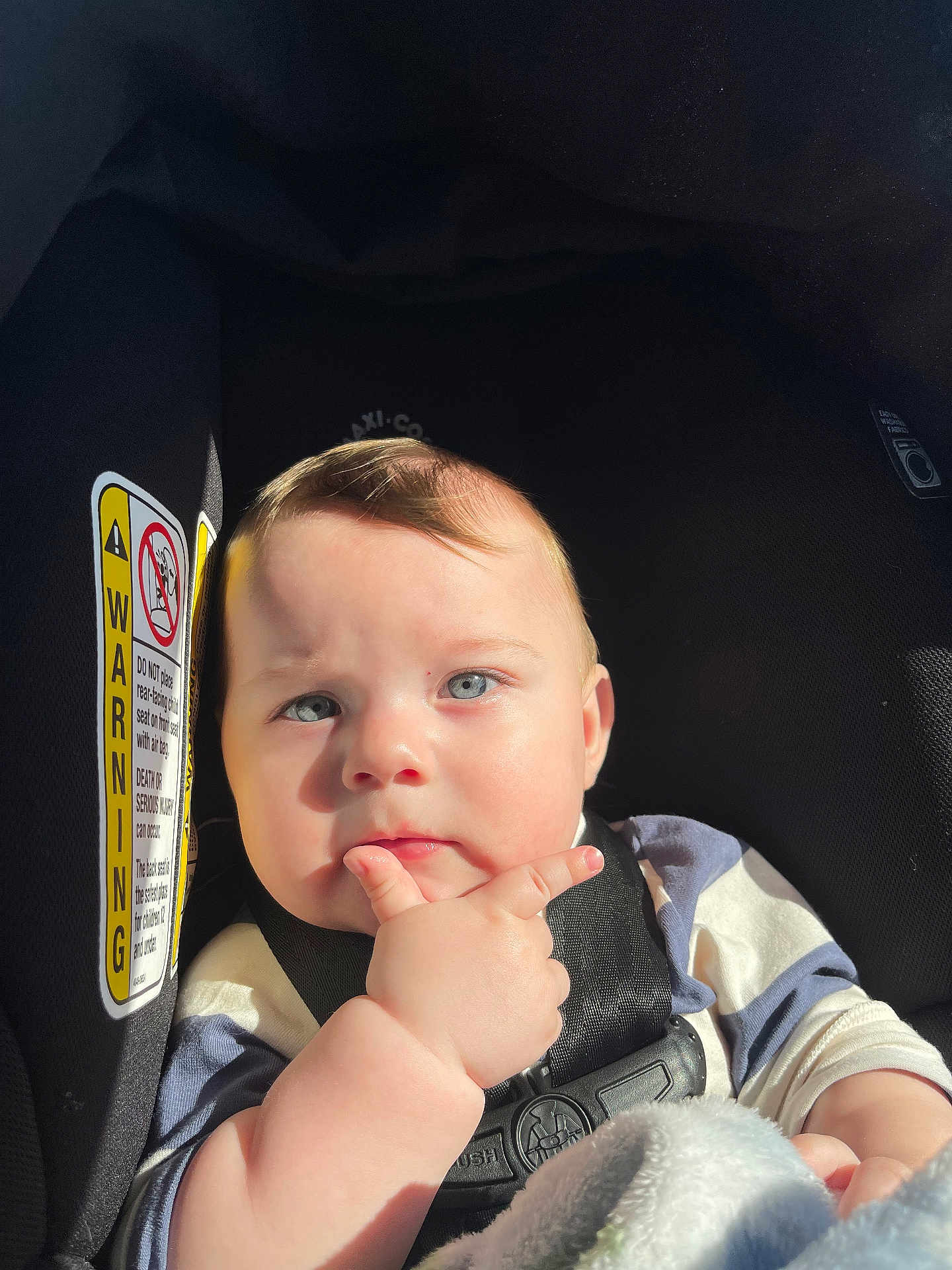 Azran joined the competition — help win amazing prizes! baby, car_seat, child, blue_eyes, sunlight, thinking, face, hand, infant, straps, clothing, blanket, cute, portrait, indoors, seatbelt, expression, person, safety, closeup