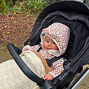 Emy participe au concours pour gagner de l'argent avec cette photo : autumn_leaves, baby, blanket, canopy, cheeks, cute, forest, hand, hooded_jacket, jacket_pattern, nature, outdoor, parent, portrait, pram, seat_belt, smile, stroller, toddler, walking_path