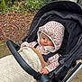 autumn_leaves, baby, blanket, canopy, cheeks, cute, forest, hand, hooded_jacket, jacket_pattern, nature, outdoor, parent, portrait, pram, seat_belt, smile, stroller, toddler, walking_path