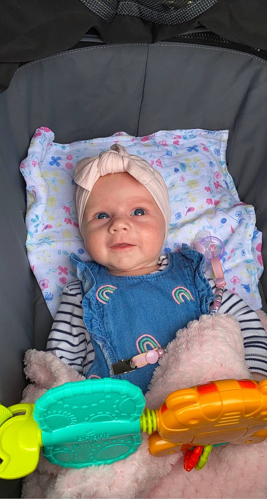 Isla-mae is registered to the contest to win money with this photo: baby, baby_products, baby_toddler_clothing, cheek, child, comfort, eye, face, fun, green, happy, head, headwear, iris, organ, people, person, product, purple, skin