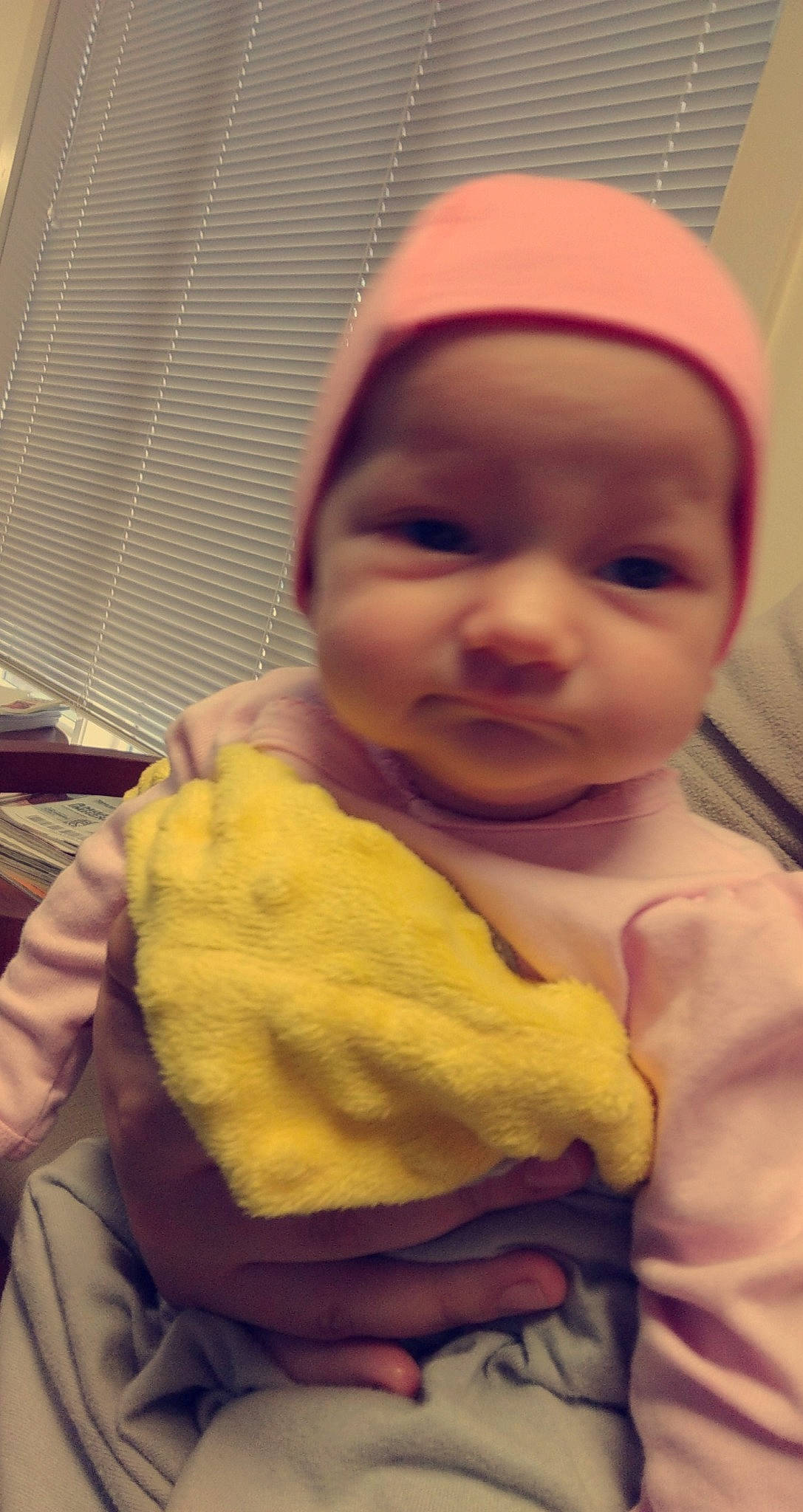 Aleah is registered to the contest to win money with this photo: baby, cheek, child, eye, face, head, headwear, lip, mouth, nose, person, skin, smile, toddler, yellow