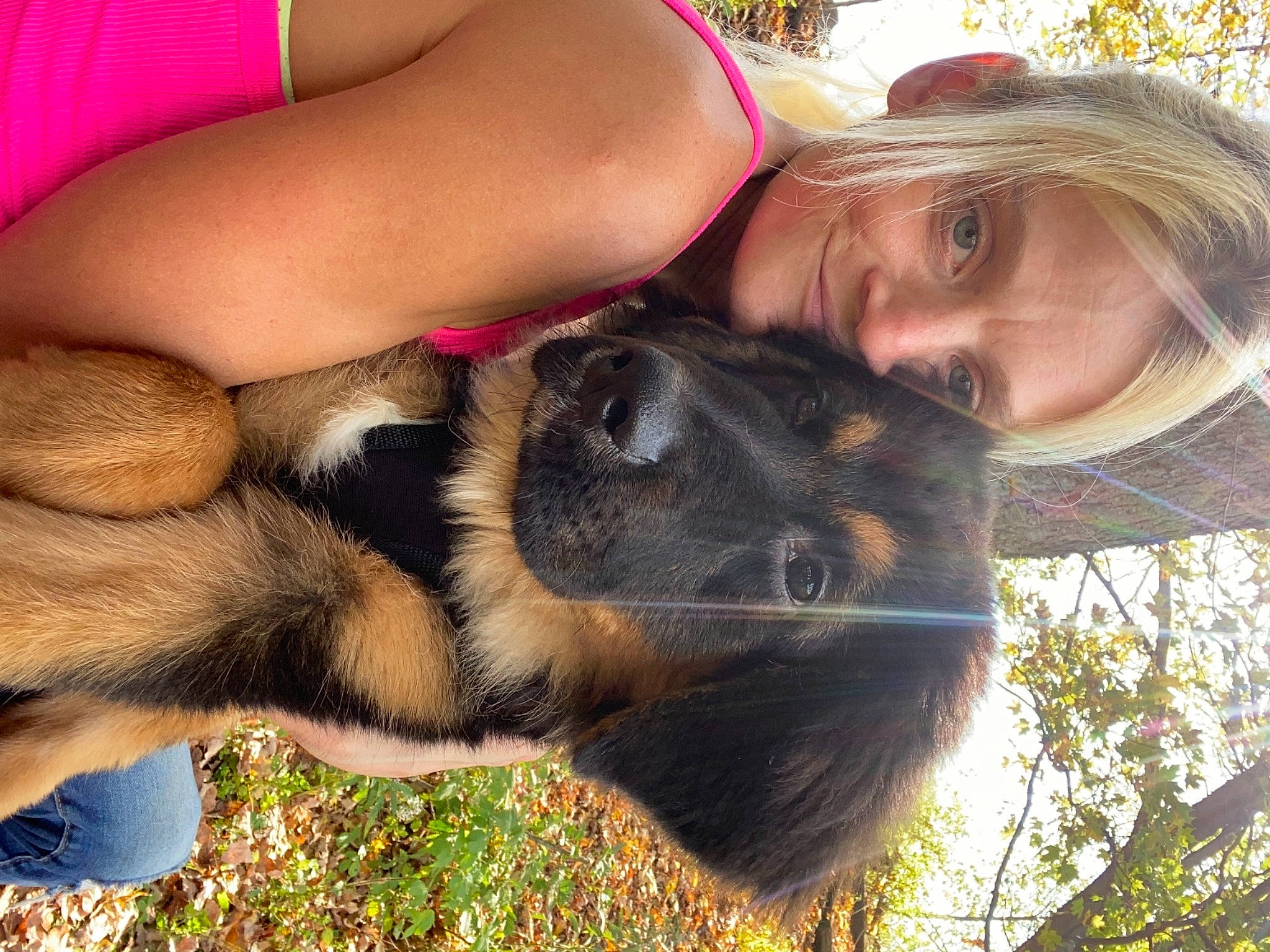 Zoey is registered to the contest to win money with this photo: canidae, carnivore, companion_dog, dog, dog_breed, fawn, fun, fur, gesture, grass, happy, human_leg, mammal, paw, selfie, snout, sporting_group, thigh, tree, vertebrate