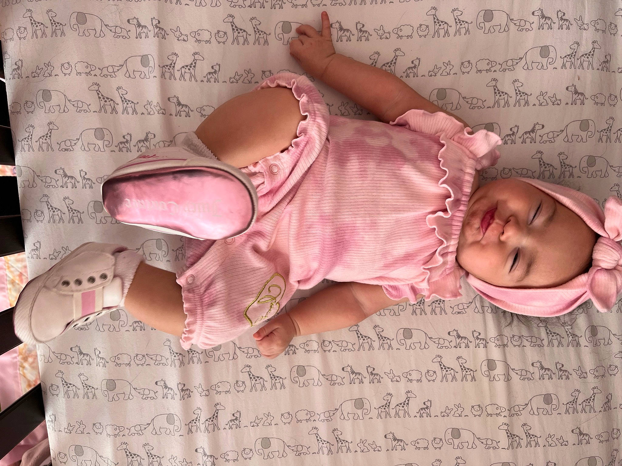 Sapphire is registered to the contest to win money with this photo: baby, baby_sleeping, baby_toddler_clothing, child, comfort, facial_expression, finger, font, glasses, happy, headgear, headwear, linens, nail, peach, person, pink, product, skin, sleeve