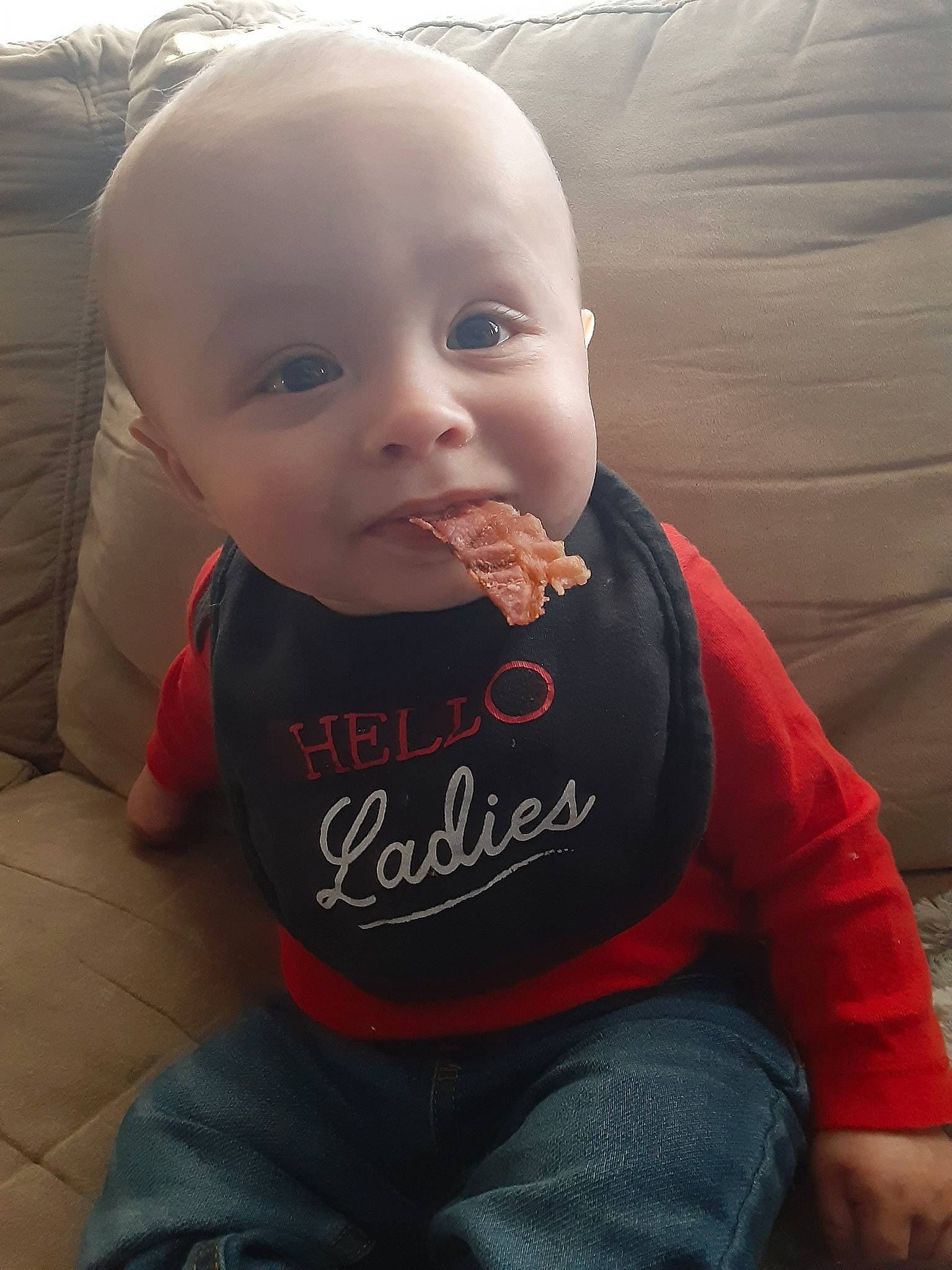 Brenton is registered to the contest to win money with this photo: baby, cheek, child, cool, face, head, lip, mouth, nose, person, skin, toddler