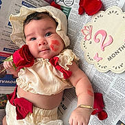Reina Antonella is registered to the contest to win money with this photo: baby, infant, child, portrait, smiling, lying_down, floral, roses, red_flowers, ruffled_dress, bonnet, newspaper, milestone, monthly_photo, decorative_sign, cream_clothing, headband, indoor, close_up, photography