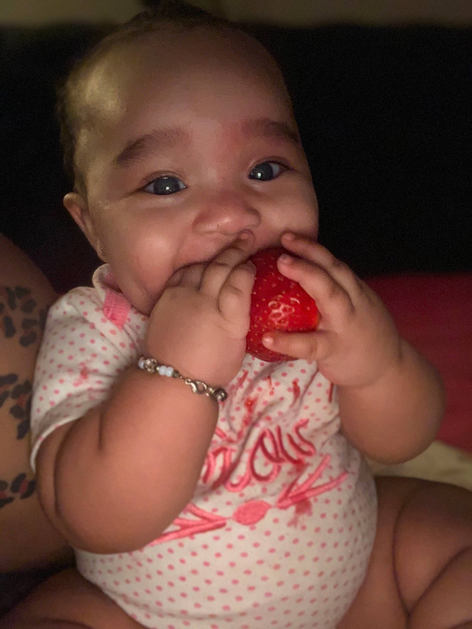 Kamya joined the competition — help win amazing prizes! baby, cheek, child, eating, face, finger, food, head, lip, mouth, nail, nose, person, skin, smile, sweetness, thumb, toddler