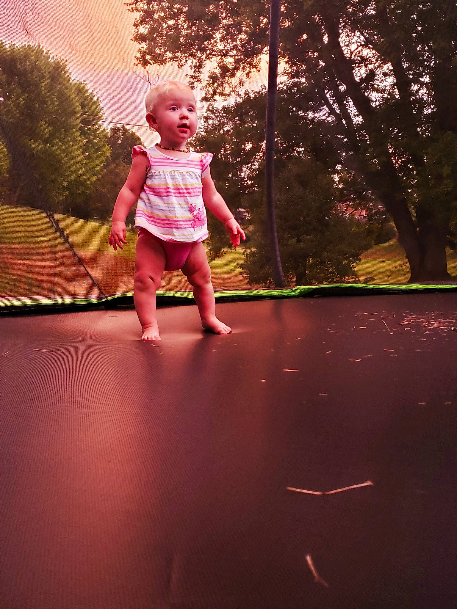 Anna is registered to the contest to win money with this photo: child, fun, happy, leisure, light, magenta, person, photography, pink, play, recreation, sky, standing, summer, sunlight, toddler, trampoline, trampolining, trampolining_equipment_and_supplies, tree