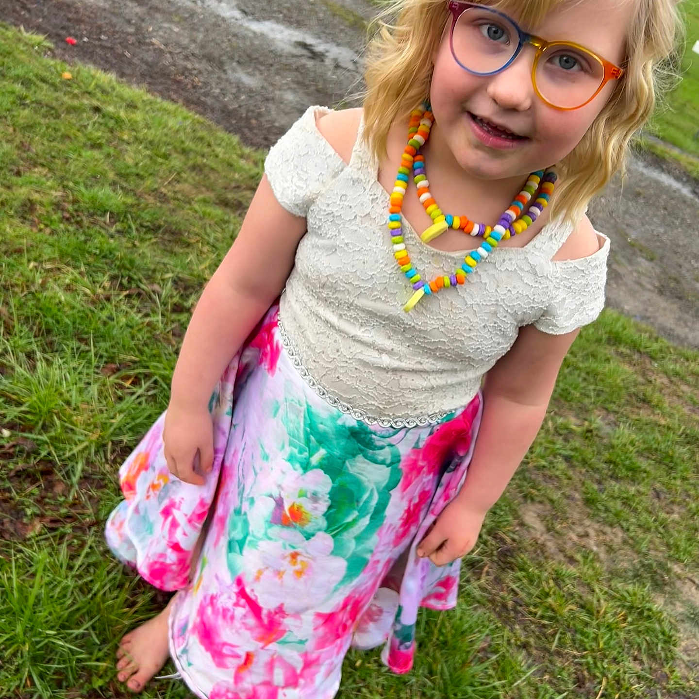 Anna joined the competition — help win amazing prizes! accessories, blouse, child, clothing, dress, face, female, girl, glasses, grass, head, jewelry, nature, necklace, outdoors, person, photography, plant, portrait, skirt